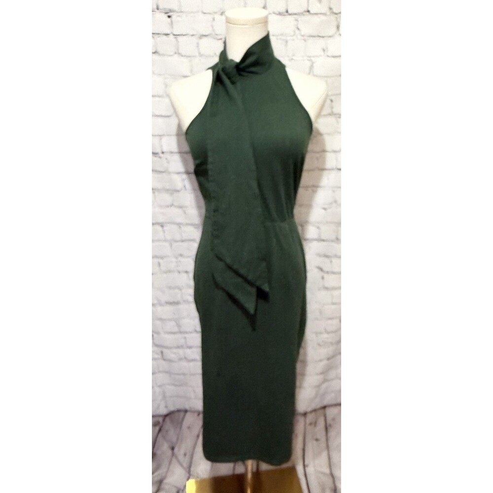 Zapelle dark green sleeveless midi sheath dress High Neck And Front Tie XS-2